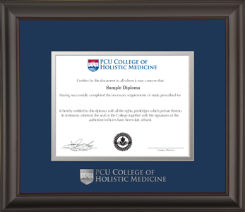 Satin black wooden diploma frame with double matting and silver embossed logo